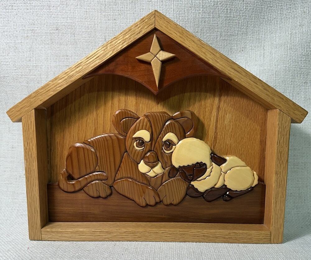 Handcrafted Wood Intarsia Lion & Lamb Wall Art Christian Peace Signed 2014 13”